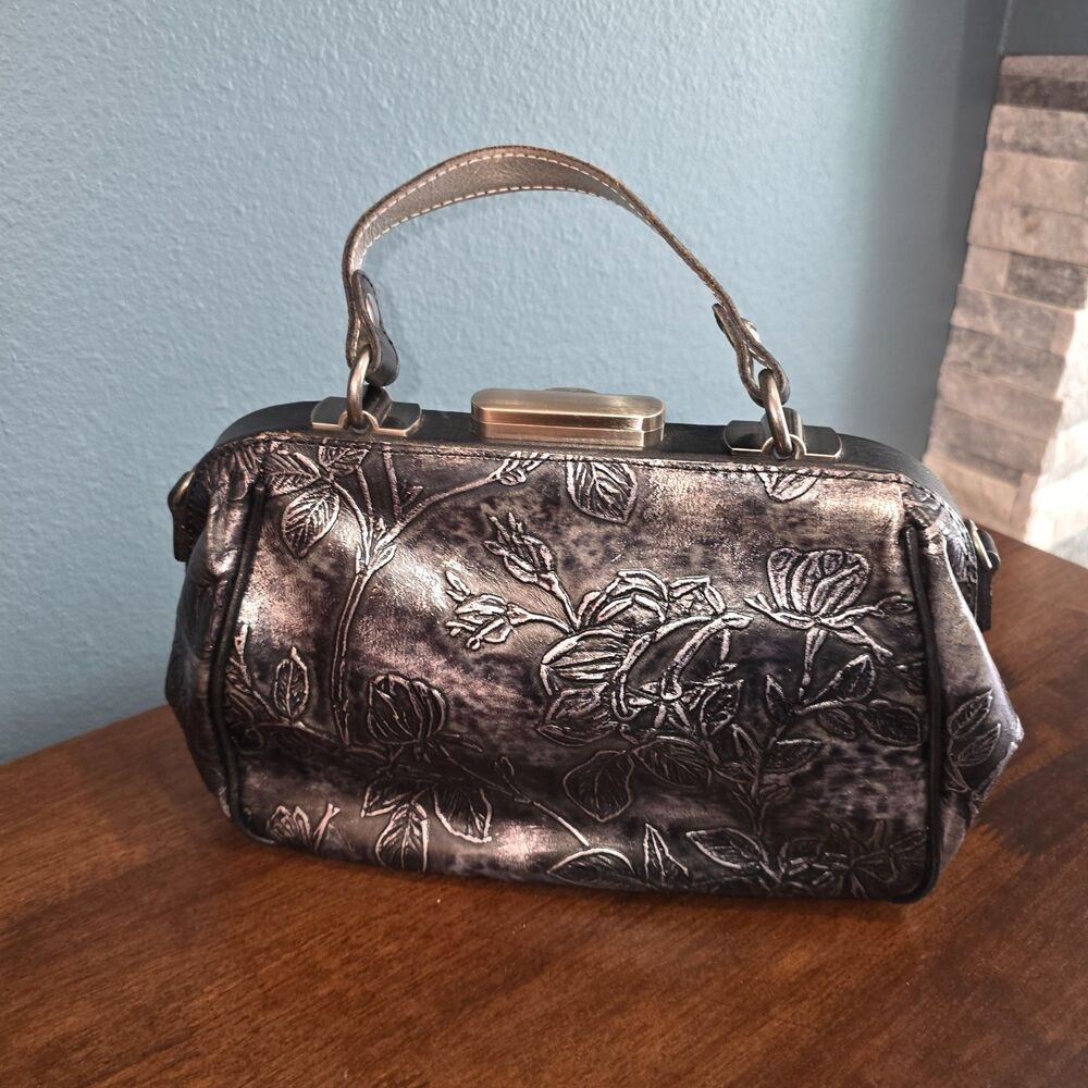 Patricia Nash Silver Black Gracchi Tooled Leather Frame Satchel Purse Handbag - Picture 3 of 9